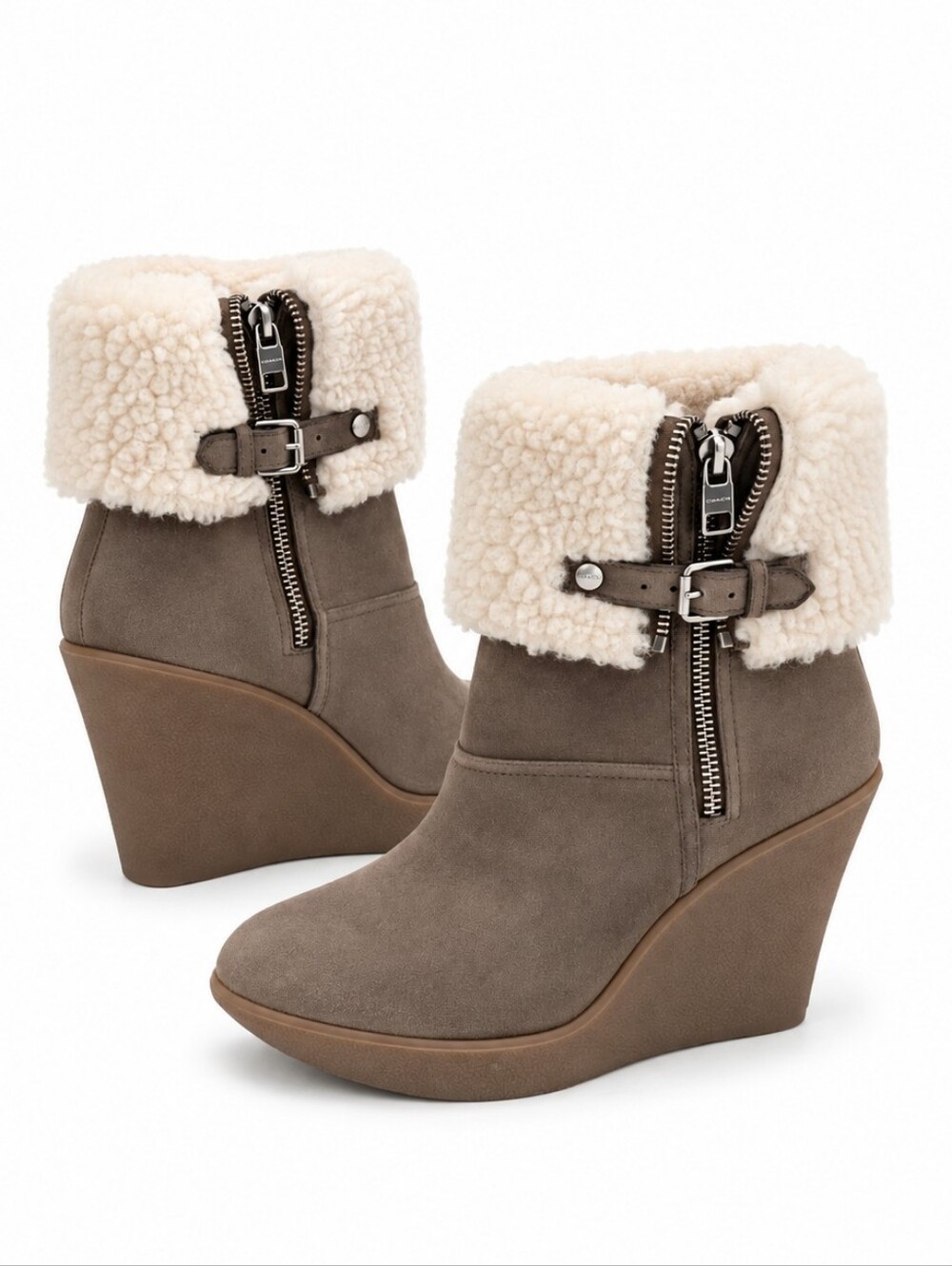 COACH Warron Suede Fur Cuff Shearling Wedge Ankle Boots Brown Buckle Zip 10 New
